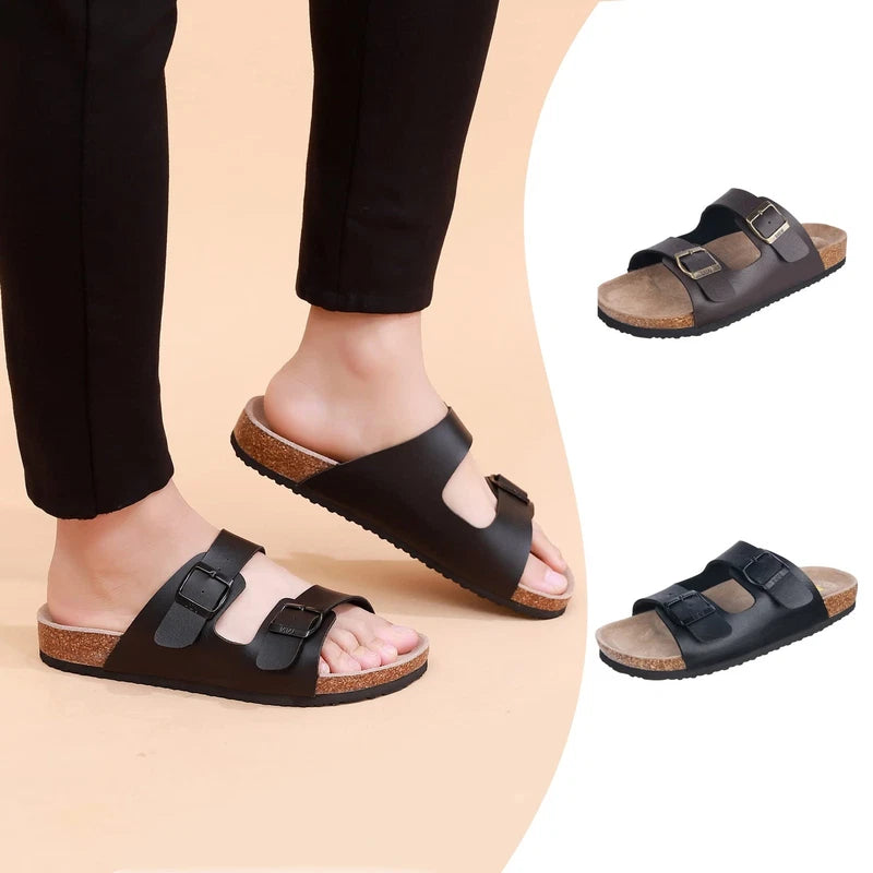 Men's Slip-On Beach Slippers, Adjustable Buckle, Casual Cork Footbed Sandals