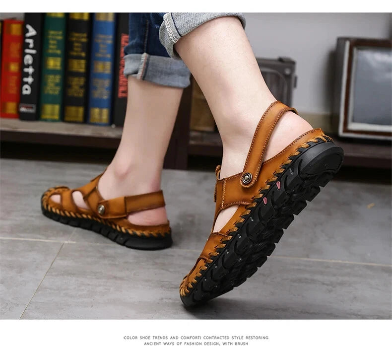 Summer Men Sandals Soft Breathable Slippers Leather Handmade Soft Beach Sneakers