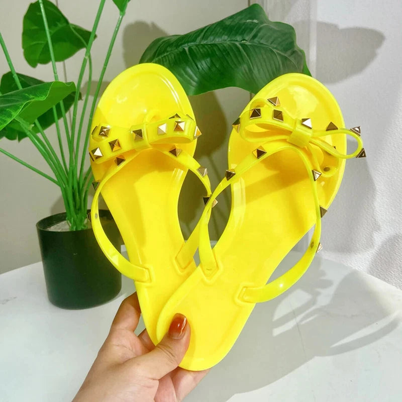 Rivet flip-flops rivet jelly thong sandals bow summer bow flat beach rain boots