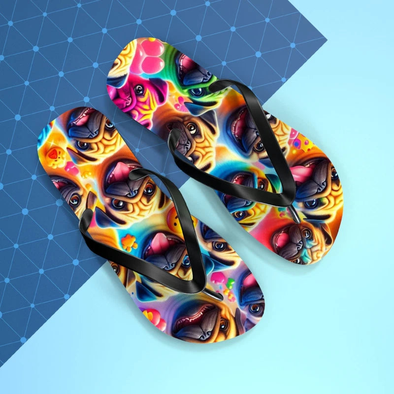 Colorful Pug Dog Flip Flops - Summer Beach Sandals, Cute Animal Slippers, Funny