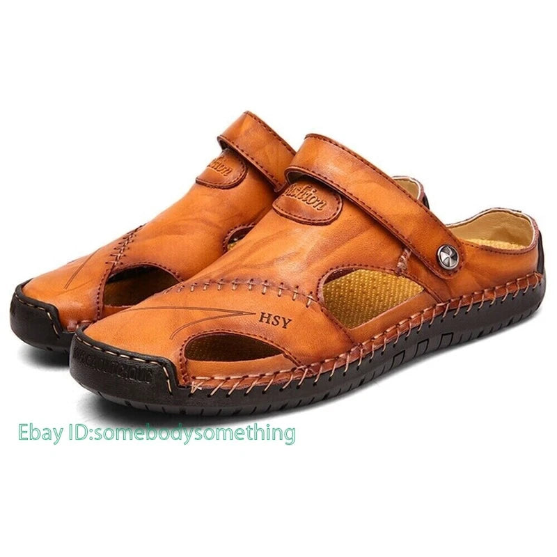 Mens Leather Sandals Water Shoes Summer Closed Toe Fisherman Beach Slippers Size