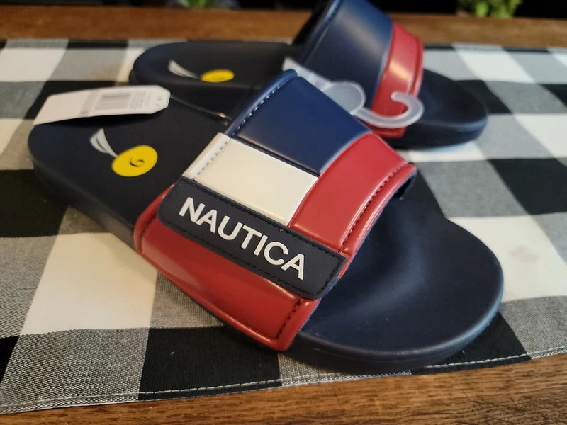 Nautica Bower Athletic Adjustable Slides Sandals Mens Size 9 Navy White & Red
