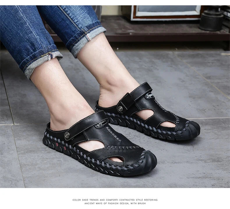 Summer Men Sandals Soft Breathable Slippers Leather Handmade Soft Beach Sneakers