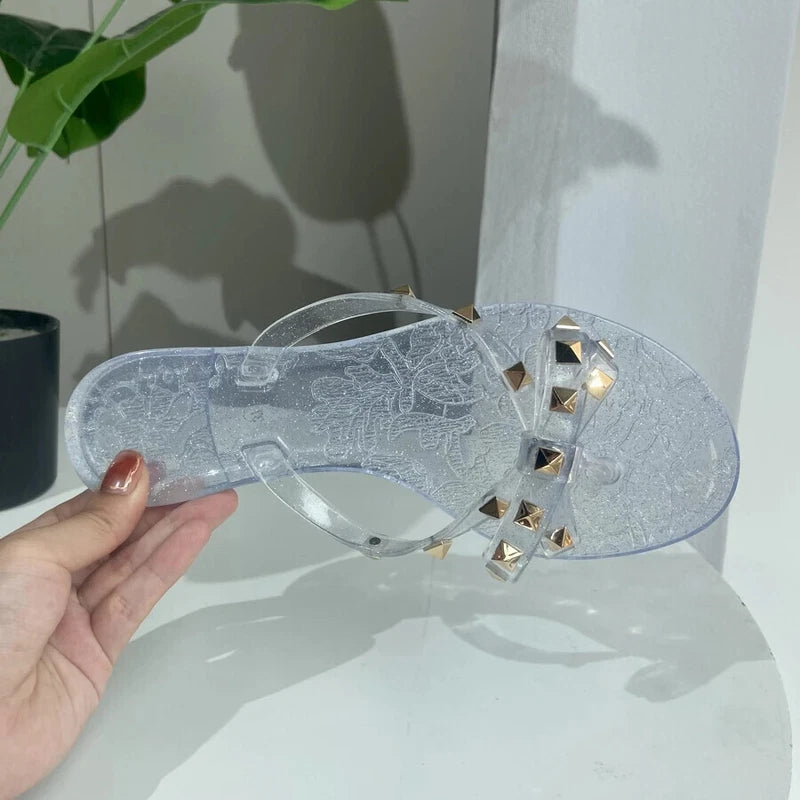 Rivet flip-flops rivet jelly thong sandals bow summer bow flat beach rain boots