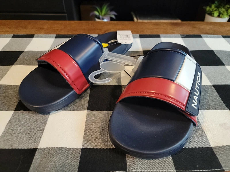 Nautica Bower Athletic Adjustable Slides Sandals Mens Size 9 Navy White & Red
