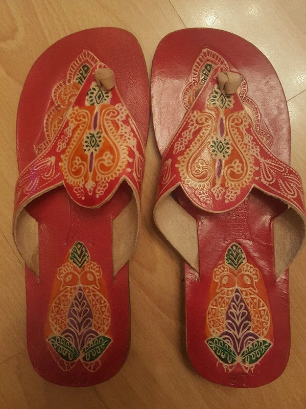 WOMEN'S LEATHER SLIPPERS SANDALS BEACH NEW RED MULTI COLOR PRINT SIZE 37