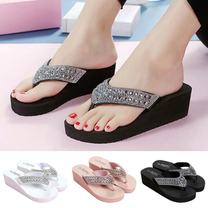 Womens Flip Flops Sandals Ladies Summer Beach Rhinestone Toe Post Wedge Shoes