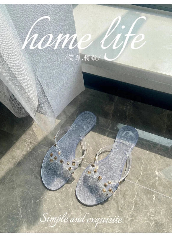 Rivet flip-flops rivet jelly thong sandals bow summer bow flat beach rain boots