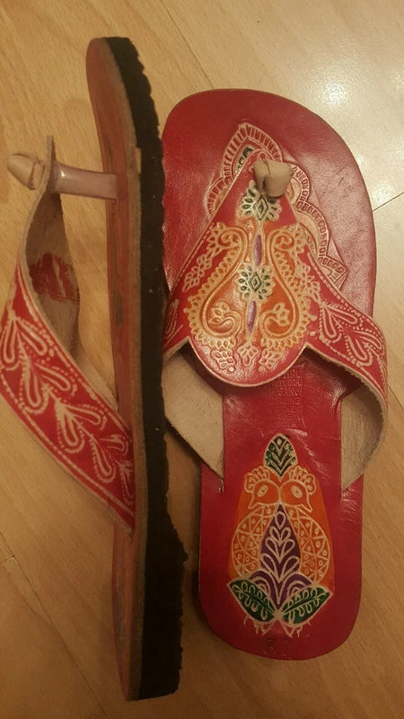 WOMEN'S LEATHER SLIPPERS SANDALS BEACH NEW RED MULTI COLOR PRINT SIZE 37